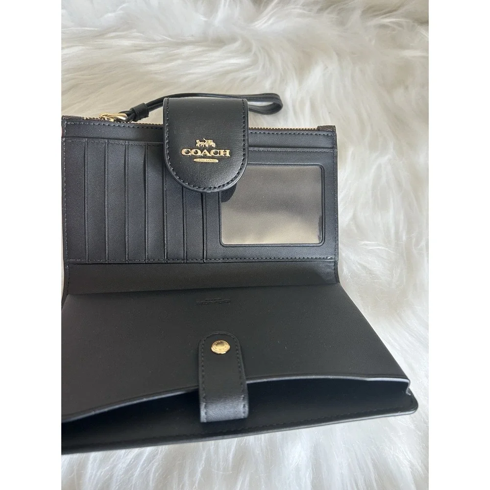 Coach Phone Wallet Brown Black Signature Canvas‎ Wristlet Excellent